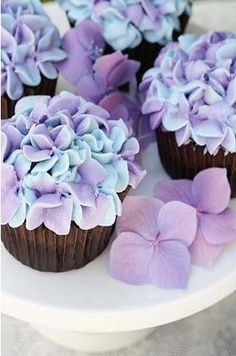 cupcakes decorated with purple and blue flowers on a white platter, ready to be eaten