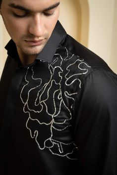 Buy Black Cotton Satin Embroidery Sequin Sterling Placement Shirt For Men by Hilo Design Online at Aza Fashions. Shirts With Embroidery For Men, Shirt With Embroidery For Men, Embroidery Shirt For Men, Mens Shirt With Embroidery, Embroidery Shirts Mens, Mens Embroidery Designs, Men Embroidery Designs, Men Shirt Embroidery, Embroidery Design For Men