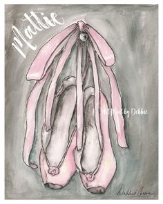 a drawing of ballet shoes hanging from a pink ribbon on a gray background with the words,