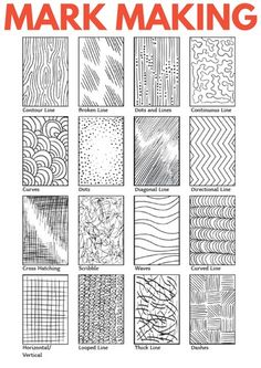 the art of mark making book with an image of many different patterns and lines on it