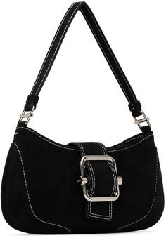 Suede shoulder bag in black. Trompe l'œil effect throughout. · Fixed shoulder strap · Pin-buckle hardware at magnetic press-stud tab · Zip closure · Patch pocket at interior · Brushed jersey lining · Logo-engraved silver-tone hardware · Contrast stitching in white · H4.5 x W10 x D1 in Supplier color: Denim black Silver Engraving, Press Studs, Contrast Stitch, Black Denim, Patch Pocket, Silver Tone, Shoulder Strap, Stitching, Buckle