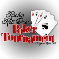 the logo for poker tournament with four playing cards in front of it and text reading rockin'red dress poker tournament