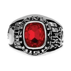 This traditional men's class ring (a smaller version of the Triumph) features a cushion-shaped stone surrounded by your school name. Make it your own with your choice of metal, two side designs, simulated gemstones, and other customizations. Size: one size.  Color: Silver.  Gender: male.  Age Group: adult. Mens Class Rings, High School Experience, Class Rings High School, Class Rings, Silver Age, School Class, Classic Blue, Blue Topaz, Class Ring