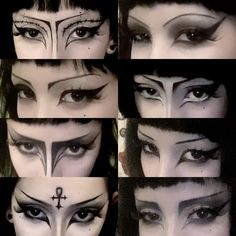 all my fav looks together Goth Makeup Looks With Glasses, Classic Goth Makeup, Goth Makeup No Eyebrows, Trad Goth Makeup Ideas, Trad Goth Eye Makeup, Graphic Makeup Looks, Goth Character Design, Goth Looks, Gothic Eye Makeup