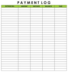 a printable payment log is shown in the form of a blank sheet with an image of