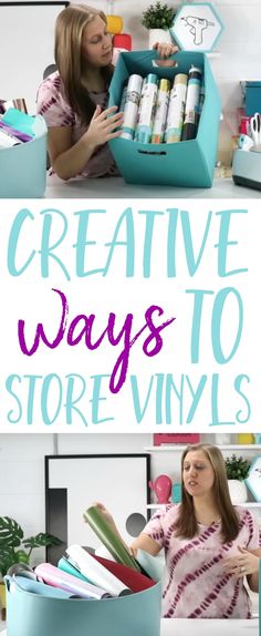 a woman sitting in front of a blue box filled with lots of items and the words creative ways to store vinyls