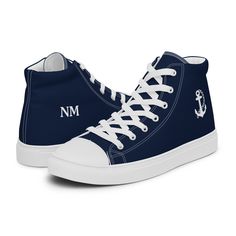 WOMEN'S NAVY BLUE HIGH-TOP CANVAS SNEAKERS WITH CUSTOM INITIAL/TEXT ON ONE SHOE, WHITE ANCHOR ON ANOTHER SHOE. Please check the sizing chart between the listing photos. Don't forget to treat your feet with care! The classic, stylish high top canvas shoes will be a great addition to your wardrobe. * 100% polyester canvas upper side * Ethylene-vinyl acetate (EVA) rubber outsole * Breathable lining, soft insole * Faux leather toe cap * Padded collar, lace-up front * Blank product sourced from China Important: This product is available in the following countries: United States, Canada, Australia, United Kingdom, New Zealand, Japan, Austria, Andorra, Belgium, Bulgaria, Croatia, Czech Republic, Denmark, Estonia, Finland, France, Germany, Greece, Holy See (Vatican city), Hungary, Iceland, Ireland High-top Sneakers With Letter Print And White Sole, White Sole High-top Sneakers With Letter Print, Navy Casual Custom Sneakers With Rubber Sole, Navy Casual High-top Custom Sneakers, Casual Navy Low-top Custom Sneakers, Navy Lace-up Casual Custom Sneakers, Navy Casual Custom Sneakers With Round Toe, Casual Navy High-top Sneakers With Rubber Sole, Navy Round Toe Canvas Shoes For Streetwear