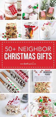 the cover of 50 neighbor christmas gifts is shown in red and white, including cookies, candy