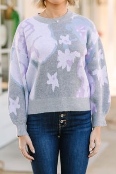 How cute is this sweater?! The colors in that floral print are so soft and look fabulous together. This sweater is perfect for the spring and is going to look great with your favorite jeans. Round neckline Long sleeves Floral print Generous stretch Payton is wearing the small. Trendy Spring Crew Neck Sweater, Spring Soft Knit Crew Neck Sweater, Trendy Crew Neck Sweater For Spring, Trendy Winter Floral Print Tops, Trendy Floral Print Tops For Winter, Casual Knit Tops With Floral Print, Casual Knit Top With Floral Print, Casual Printed Sweater For Spring, Trendy Floral Print Sweater For Spring