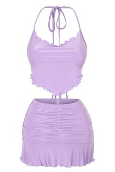 Sleeveless Halter Top Open Back Back Self-Ties Cropped Fit Ruched Ruffled Hem Mini Fit Stretchy Lined 95% Polyester, 5% Spandex Back Tie Top, Lavender Skirt, Ruched Mini Skirt, Ruffled Mini Skirt, Belly Shirts, Female Inspiration, Mini Skirt Set, Music Festival Outfits, Purple Outfits