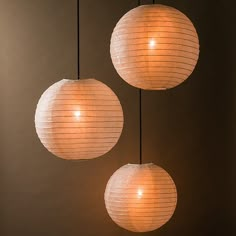 three white paper lanterns hanging from the ceiling