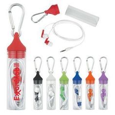 an assortment of keychains and lanyards are shown in the shape of bottles