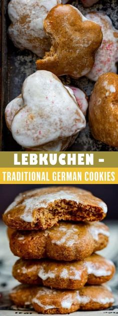 several different types of baked goods are stacked on top of each other and the words lerbruchen - traditional german cookies