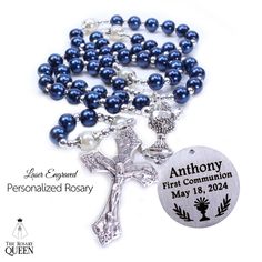 PRODUCT DESCRIPTION: * Medium sized rosary.  * Nice size for Baptism, First Communion or those looking for a petite sized rosary. * Approximately 13.5" from the top of the rosary to the bottom of the crucifix. * 6mm navy blue glass pearl beads  * Disc will be engraved like "Laser Engraved Disc" slide. * Oxidized metal for the rosary center and crucifix * Optional customized stainless steel disc charm * Handmade by rosary designer, Theresa Villarreal This lovely navy blue rosary is truly personal Wedding Rosary, Blue Rosary, Boys First Communion, Personalized Rosary, Custom Rosary, Pearl Rosary, Corpus Christi Tx, First Holy Communion, Baptism Gifts