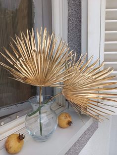 a glass vase filled with plants sitting on top of a window sill next to two pears