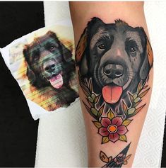 a black dog with flowers and leaves on his leg is next to a photo of him