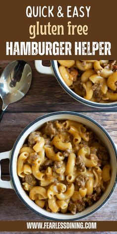 two white bowls filled with hamburger helper and the words quick & easy gluten free hamburger helper