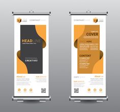 two roll up banners with an orange and black design