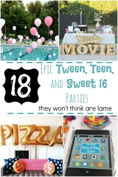 a collage of photos with balloons, pizzas and other items for a movie themed birthday party