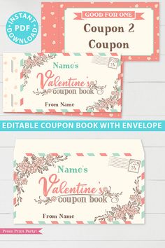 two coupons for valentine's coupon book with envelopes on the front and back