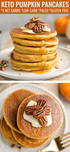 pancakes with cream and pecans on top