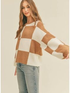 Oversized Tan Checker Pullover Sweater – Kate & Kris Cheer Sweater, Checkered Sweater, Pink Cowgirl, Cowgirl Hats, Pattern Sweater, Knit Pattern, Fashion Fits, Sweater Sleeves, Fall Wardrobe