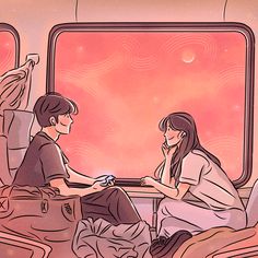 a man and woman sitting on a train looking out the window at each other,