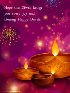 happy diwali greeting card with oil lamps and firecrackers on purple background