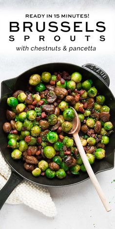 brussel sprouts with chestnuts and pancetta in a skillet