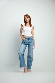 Casual modeling shoot, blue jeans and white top outfit, photography studio, modeling, ginger model (me), professional photoshoot, etc. #bluejeansoutfit #ginger #gingerhairinspiration #model #modelingshoot #photography #photoshoot #casual #casualwomensfashion Jeans And White Top Outfit, Blue Jeans And White Top, Jeans And White Top, White Top Outfit, Ginger Model, White Top And Blue Jeans, Photoshoot Casual, Blue Jeans Outfit, Modeling Shoot