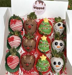 a box filled with chocolate covered strawberries and frosted christmas decorations on top of each other