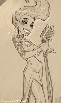 a drawing of a woman holding a hair dryer in her right hand and looking at the camera