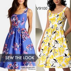 two dresses with different colors and patterns on them, one in blue and the other in yellow