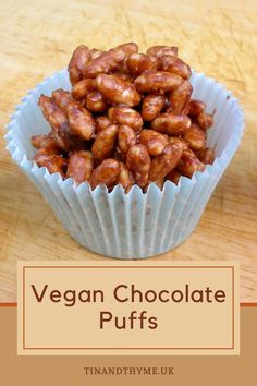 vegan chocolate puffs in a paper cup on a wooden table with text overlay