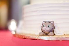 a close up of a cake with a cat figurine on the top of it