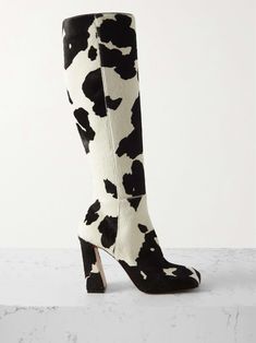 AMINA MUADDI Marine cow-print pony hair knee boots | NET-A-PORTER Block Heel Knee High Boots, Amina Muaddi Shoes, Heel Knee High Boots, Black And White Heels, Cowboy Shoes, Amina Muaddi, Boot Print, Shoe Inspo, White Square