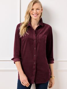 Your favorite oversized shirt, now in irresistibly soft corduroy for fall and winter! Crafted with a chest pocket, a sleek box pleat at the back and chic high-low hem. Layers like a dream! Features Long Sleeve Hits Below Hip Shirt Collar Button front closure Chest pocket Curved shirttail hem Imported Fit: Misses: 29 3/4"; Petite: 27 3/4"; Plus: 31 3/4" Material: 100% Cotton Care: Machine Wash Cold; Only Non-Chlorine Bleach When Needed; Turn Garment Inside Out; Tumble Dry Low; Warm Iron, If Needed | Corduroy Boyfriend Shirt - 100% Cotton Talbots Fashion 2025, Classic Style Women, Boyfriend Shirt, High Low Hem, Shirt Collar, Oversized Shirt, Fall And Winter, Modern Classic, A Dream