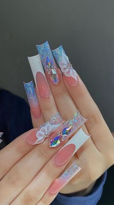 Light Blue Acrylic Nails With Gems, Light Blue Nails Long Square, Light Blue Acrylic Nails With Diamonds, Quince Nails Blue Cinderella, Long Light Blue Nails With Rhinestones, Curved Nails, Fall Acrylic Nails