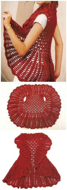 the crocheted shawl is shown in red