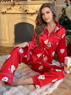 Santa Claus Print Faux Silk Long Sleeve Pajama Set For Women Red Cute    Christmas Pant Sets Non-Stretch All,Fall/Winter Women Sleep & Lounge, size features are:Bust: ,Length: ,Sleeve Length: Plus Size Pajamas, Cosplay Dress, Pajama Set Women, Pyjama Set, Long Sleeve Pyjamas, Sleepwear Women, Set For Women, Pajamas Women, Winter Women