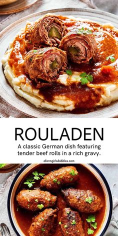 the cover of rouladen is shown with meatballs and gravy