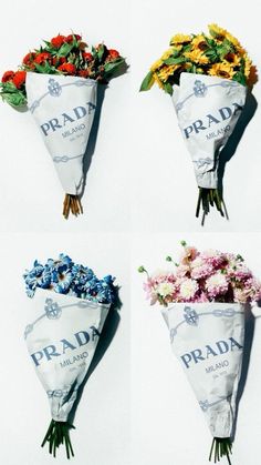 four bouquets of flowers are laid out on a white background with the words prada printed on them