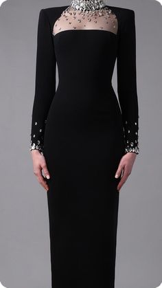 Crystals embroidered crepe dress Jean-Louis Sabaji Embellished Long Sleeve Midi Dress, Embellished Long Sleeve Evening Midi Dress, Elegant Embellished Midi Dress For Dinner, Luxury Embellished Midi Dress For Evening, Luxury Embellished Evening Midi Dress, Formal Long Sleeve Hand Embellished Dress, Hand Embellished Long Sleeve Formal Dress, Long Sleeve Embellished Midi Dress For Dinner, Embellished Sheath Evening Dress For Gala