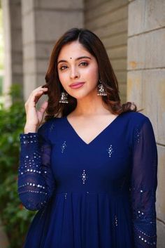 Blue Anarkali Dress, Party Wear Anarkali, Blue Anarkali, Designer Anarkali Suits, Churidar Designs, Designer Anarkali, Kurti Neck Designs, Sequence Work, Designer Dresses Casual