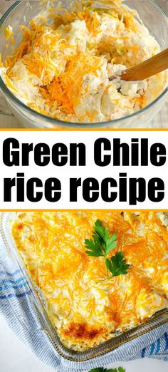 green chile rice recipe in a glass casserole dish with parsley on top