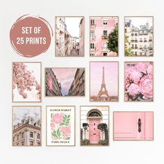 a collage of pink photos with the eiffel tower in the background and text that reads set of 25 prints