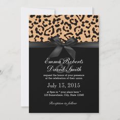 leopard print and black ribbon wedding card