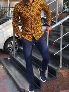 Bumb Slim-Fit Patterned Shirt Yellow – BOJONI Ankara Shirts For Men, Mustard Shirt, Patterned Shirt, African Men Fashion, Team Wear, Yellow Pattern, Men Fashion Casual Outfits, Street Style Inspiration, Slim Pants