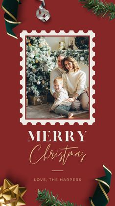 merry christmas card with an image of a couple and their child in front of a christmas tree