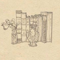 a line drawing of books and vases with flowers